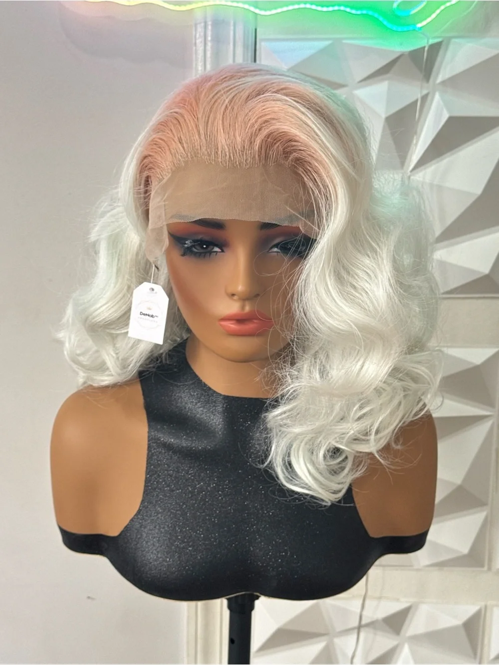 Title  16” Ombre Pink Root Curly Wavy 13x4 Lace Free Part Blend Wig